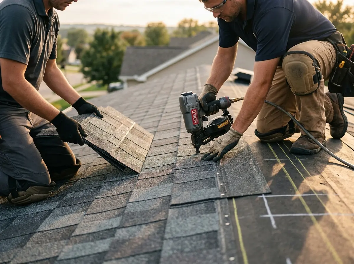 Professional roofer working on a residential roof in Claremont